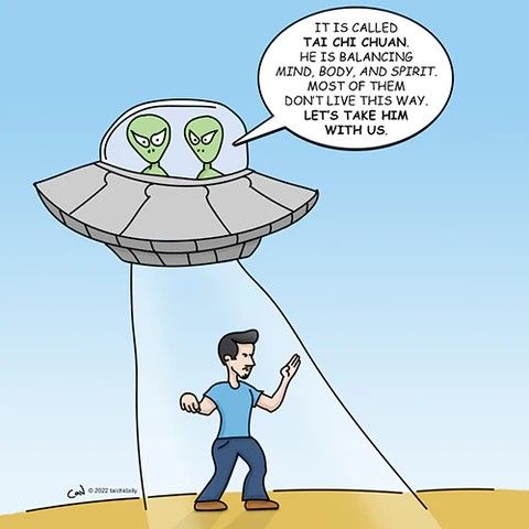 A cartoon depicting aliens deciding to abduct someone who has a balanced mind, body, and spirit - a quality not found in most humans. This person is doing Tai Chi to achieve the balance.